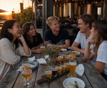 A group of friends sharing drinks and food at an outdoor brewery at sunset.